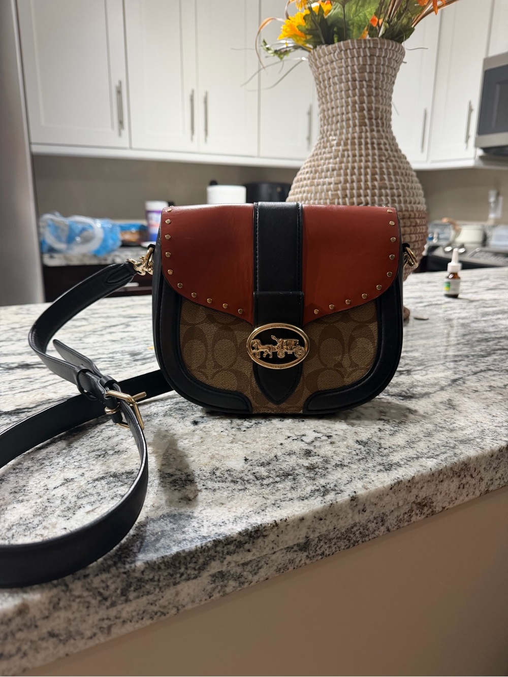 Coach Signature Canvas Saddle Crossbody with Brown and Black Leather